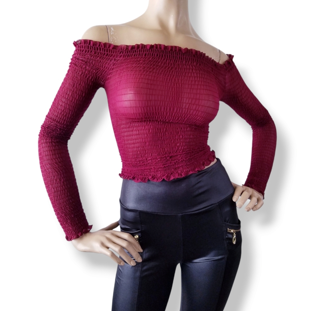 Red Burgundy Smocked & Ruffled Sheer Top by Mocking Jay Size Small